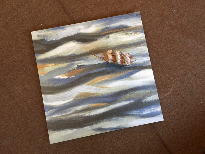 Painting of a ship on wavy water