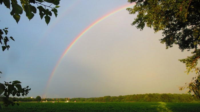 Double rainbow over a green field with trees