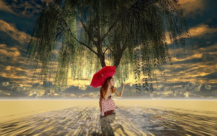 Woman with red umbrella under a weeping willow tree in the rain