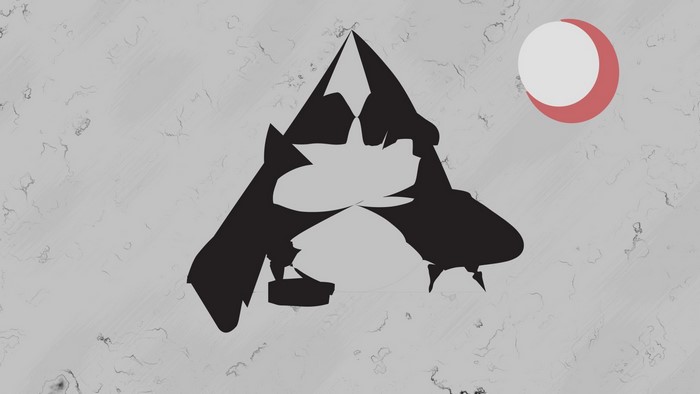 Abstract black shape resembling a cat or lion with a crescent moon