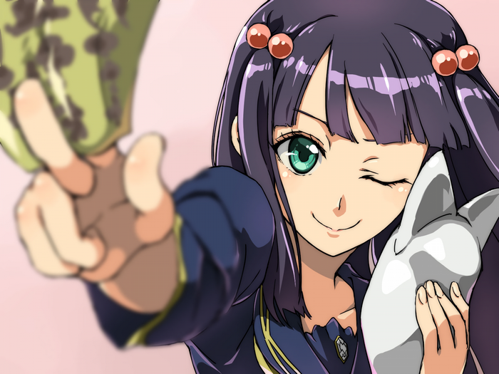 Adashino Benio from Sousei no Onmyouji holding a cup and mask