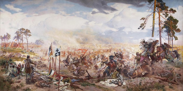 Battle of Grunwald painting with knights and flags