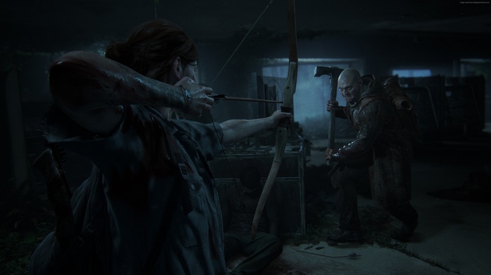 Ellie from The Last of Us: Part 2 aiming bow at enemy
