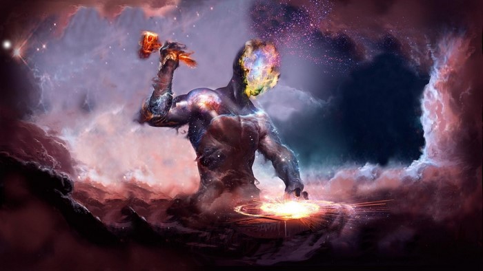 Cosmic being forging a star on an anvil