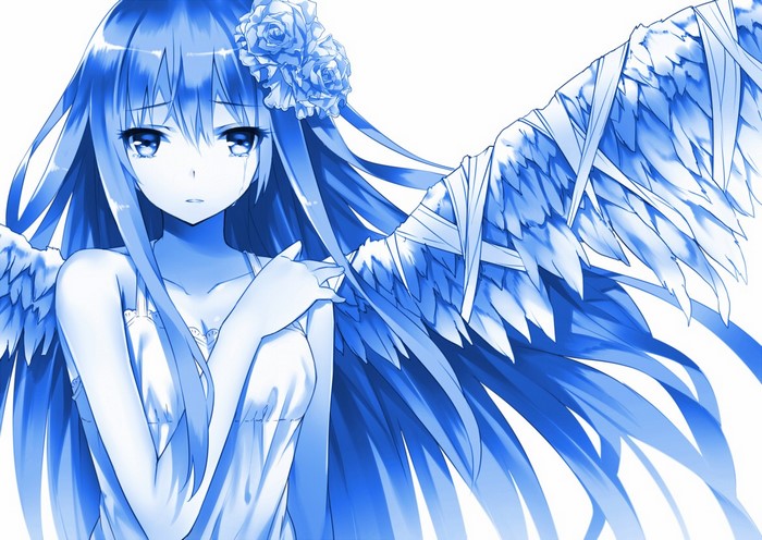 Anime girl with blue wings and flower hair ornament