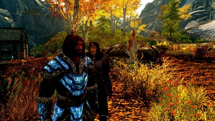 Two characters in The Elder Scrolls V: Skyrim during autumn