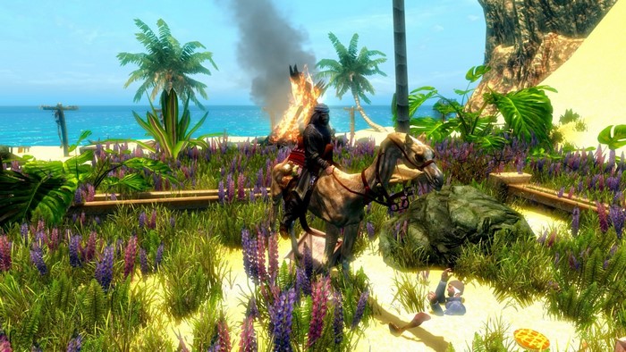 Man on camel with burning structure in Skyrim