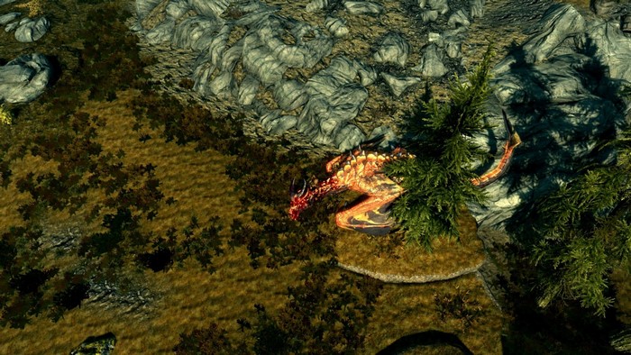 Dragon in a rocky forest in The Elder Scrolls V Skyrim