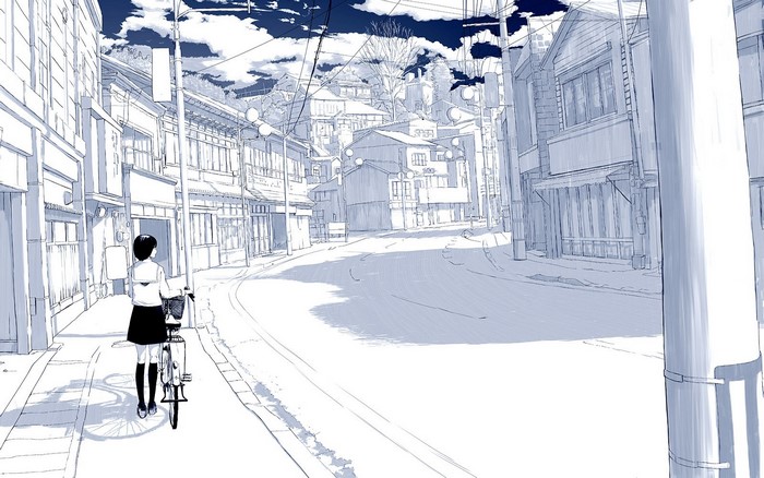 Girl with bicycle in a Japanese town