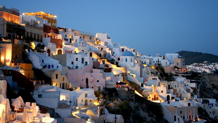 Santorini Greece buildings at dusk with lights