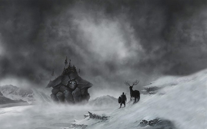 Man and deer in a snowy landscape with a stone creature