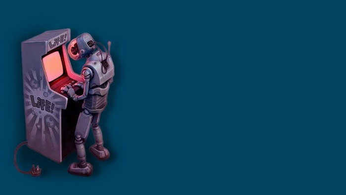 Robot playing an arcade game labeled LIFE!