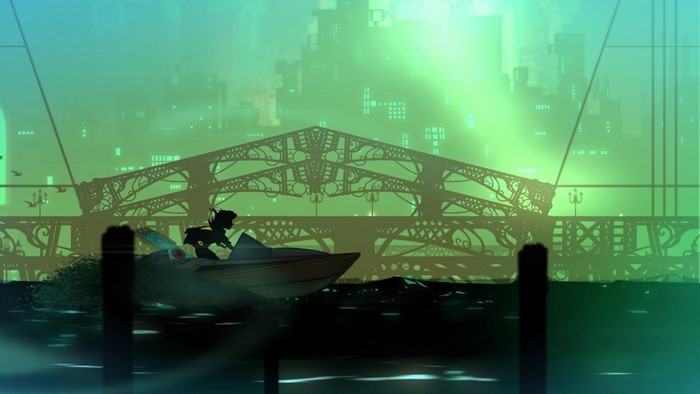 Silhouette of a person on a boat under a bridge