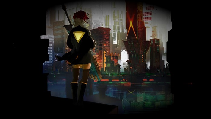 Redhead with sword in futuristic city