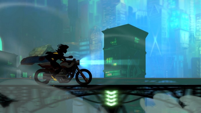 Silhouette of a person riding a motorcycle in a futuristic city
