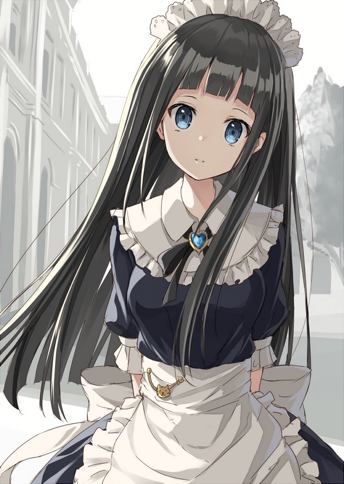 Anime girl with long black hair in a maid outfit