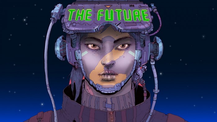 Cyberpunk character with VR headset displaying "THE FUTURE"