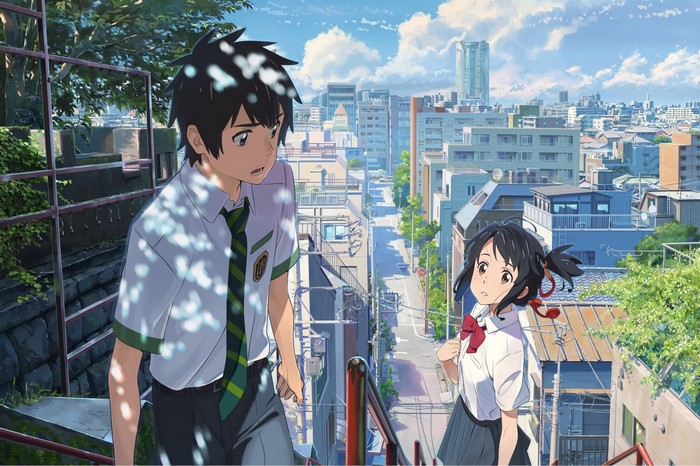 Taki and Mitsuha from Your Name in a city