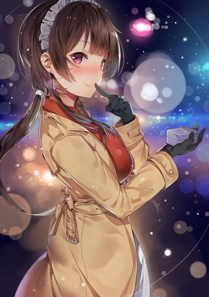 Anime girl with pink eyes holding a gift box