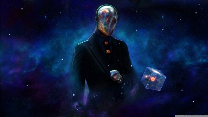 Man with galaxy face holding a cube in space