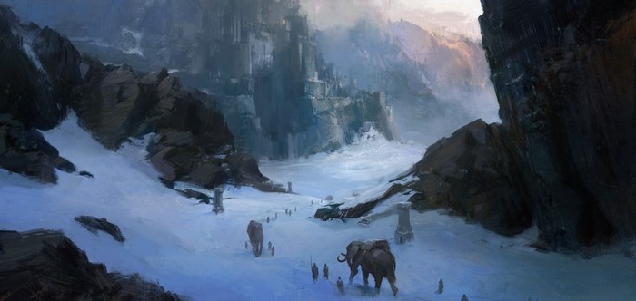 Elephants and people traverse a snowy mountain pass