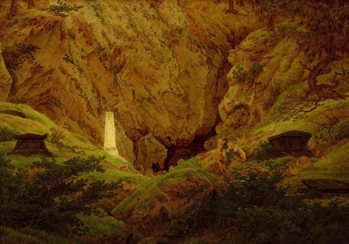 Landscape painting of a rocky gorge with tombs and an obelisk