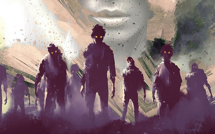 Group of zombies with glowing eyes in front of a face