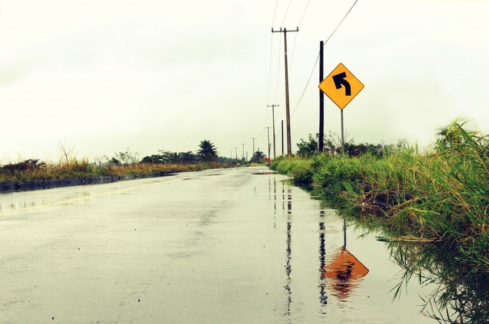 Wet road with turn sign and power lines