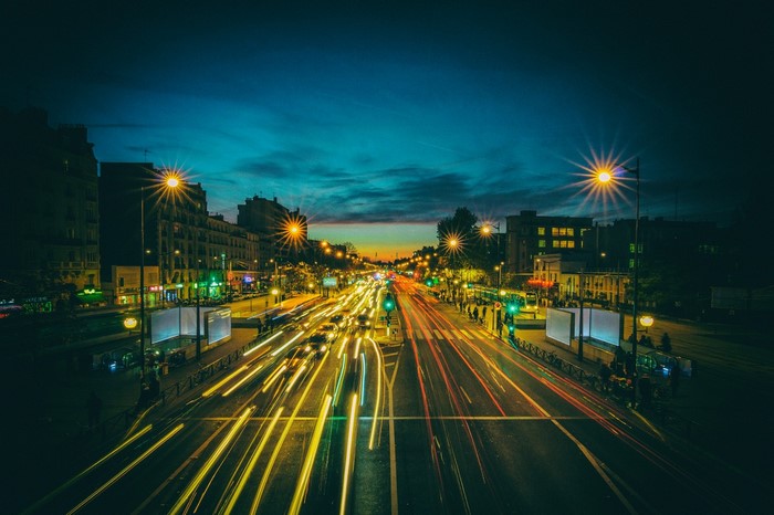 Long exposure of city traffic at dusk