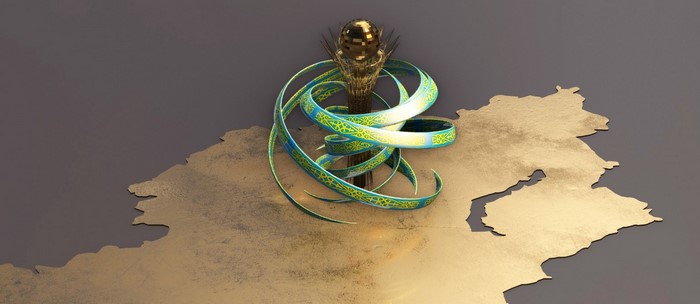 Baiterek monument on the map of Kazakhstan with ribbons