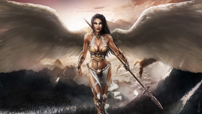 Fantasy warrior woman with wings and spear