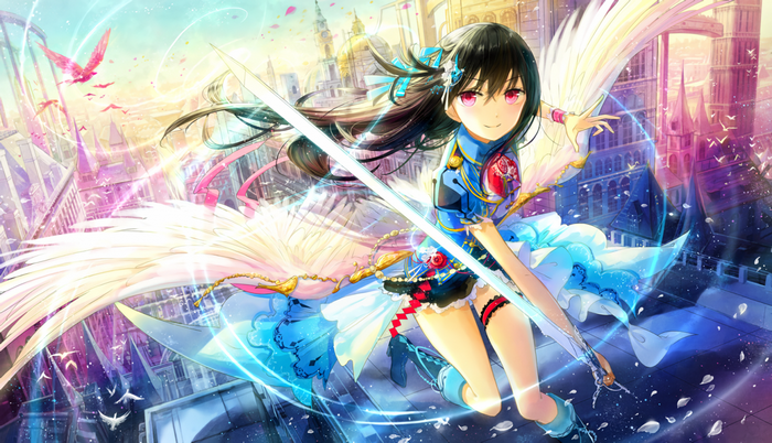 Anime girl with wings and sword in city