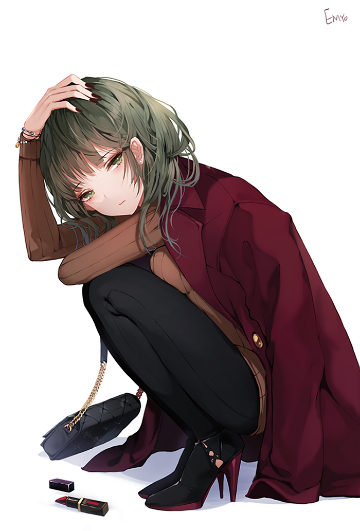 Anime girl with green hair and eyes, crouching
