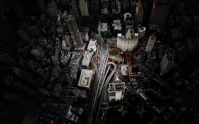 Aerial view of New York City skyscrapers at night