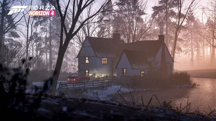 Forza Horizon 4 screenshot with a red car and a house