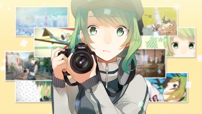 Megpoid Gumi from Vocaloid holding a camera