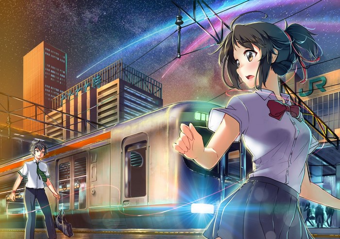Mitsuha and Taki from Your Name at a Train Station