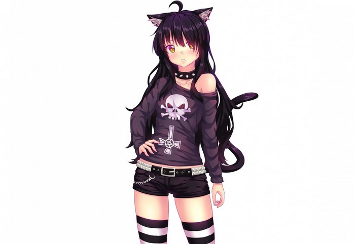 Gothic Anime Cat Girl with Black Hair and Striped Thigh Highs