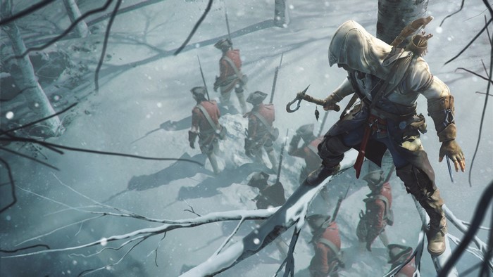 Connor from Assassin's Creed III in a snowy forest