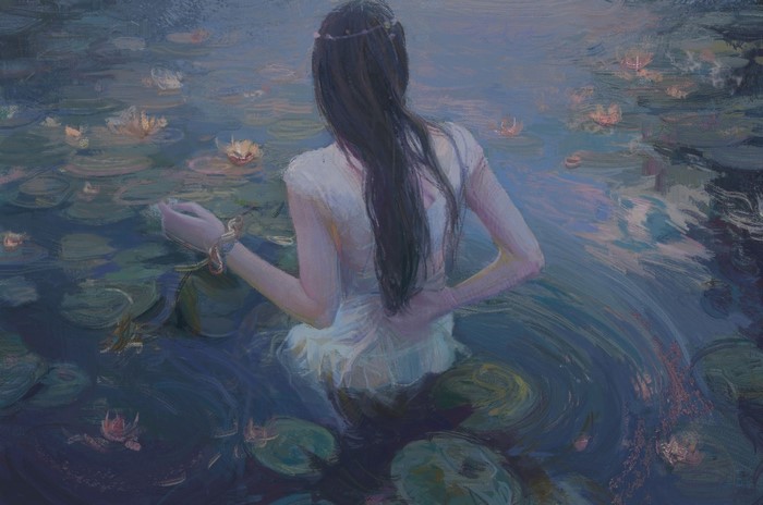 Painting of a woman with chained wrists in a pond