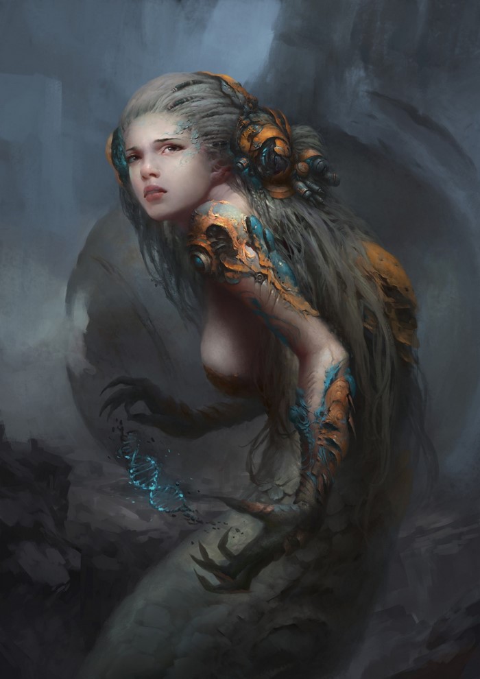 Fantasy art of a mermaid with mechanical enhancements