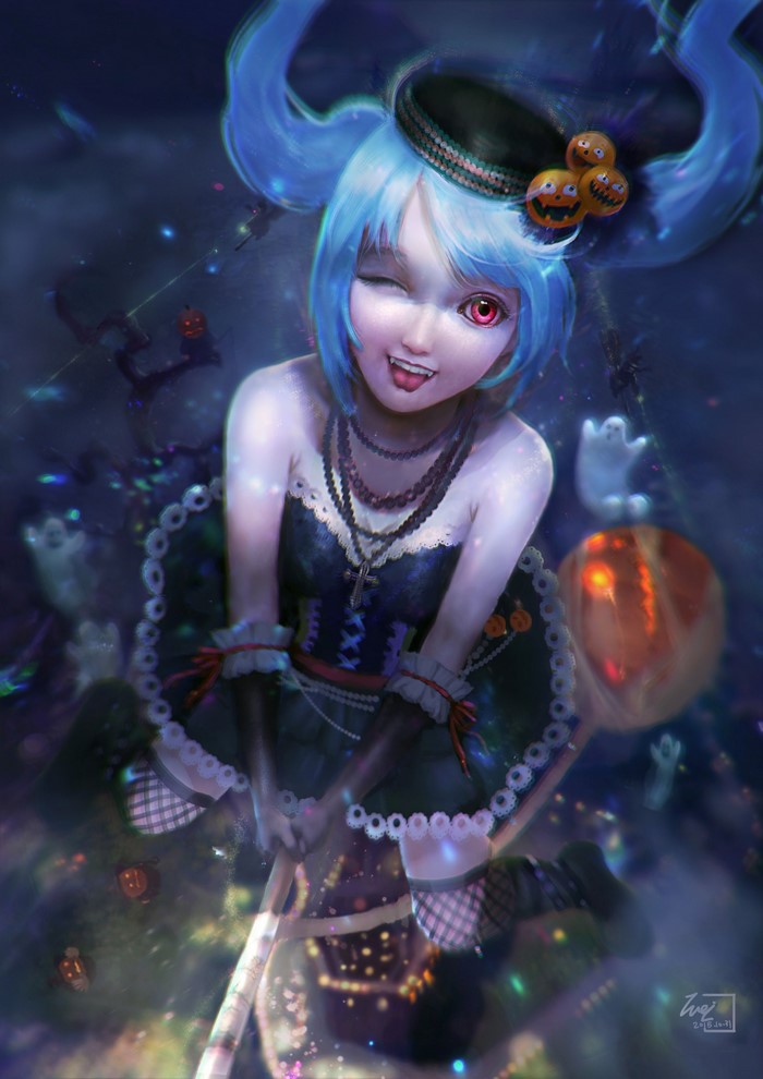 Anime witch with blue hair and red eyes holding a broom