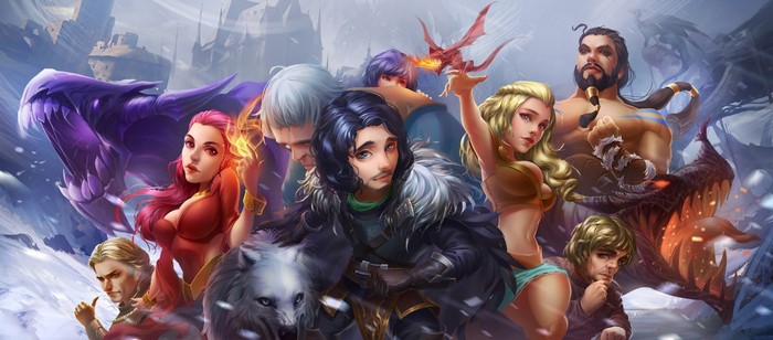 Game of Thrones characters with dragons and direwolf