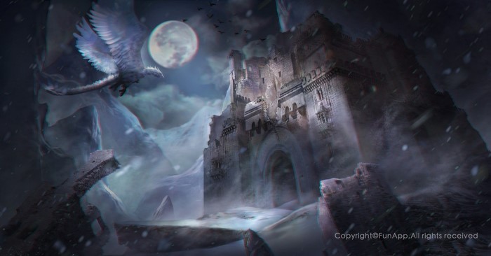 Fantasy castle with dragon flying under the moon