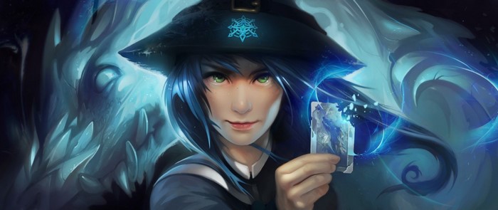 Anime witch with blue magic and ice dragon