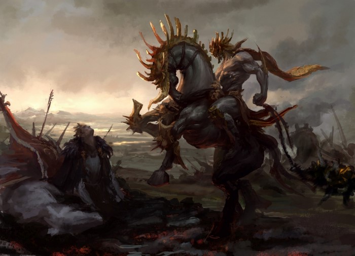 Warrior on a dark horse over a fallen figure