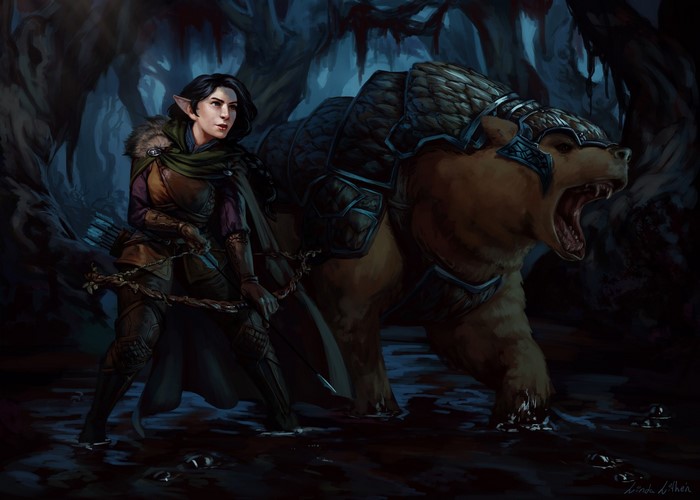 Vex'ahlia and Trinket from Critical Role in a dark forest