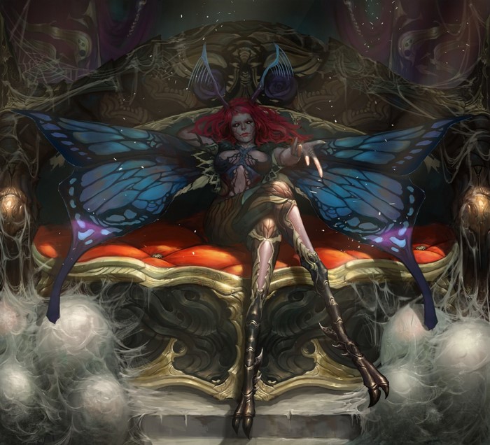 Fantasy art of a woman with butterfly wings on a throne
