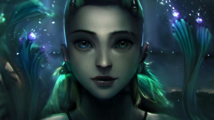 Futuristic anime character with heterochromia in dark fantasy setting