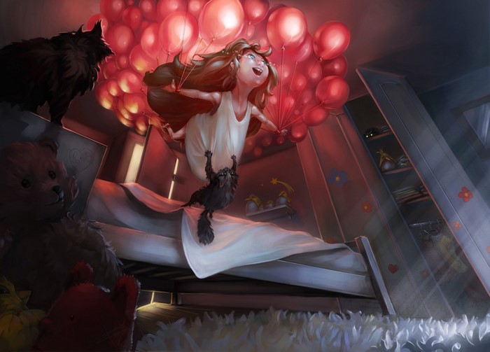 Girl flying with red balloons and a cat